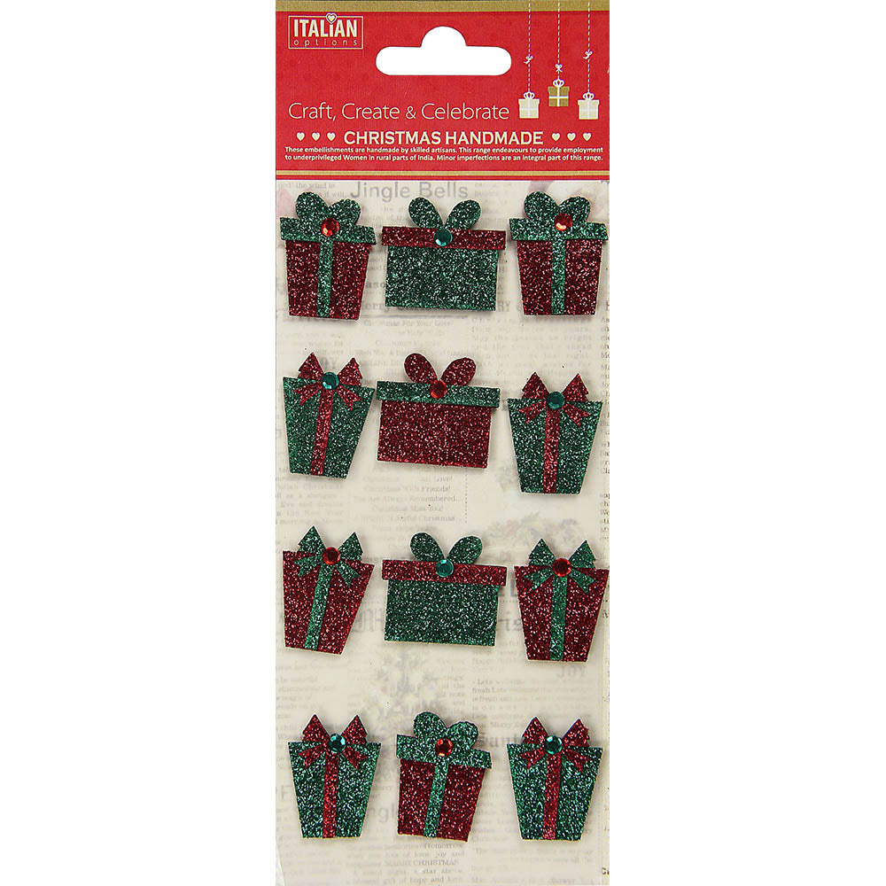 Christmas 3D Mini Glitter Stickers - Red & Green, 12Pc