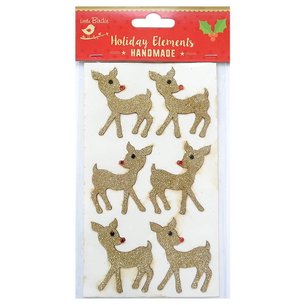 Christmas Self Adhesive Glitter Sticker - Reindeer, Gold, 6Pc