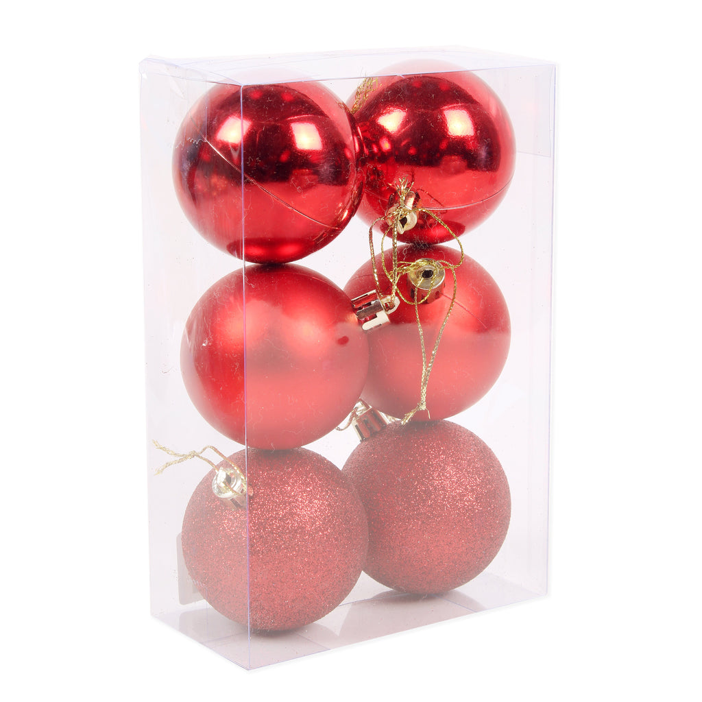 Christmas Tree Decoration Baubles Red (Matte, Glossy & Glitter) 6pc Acetate