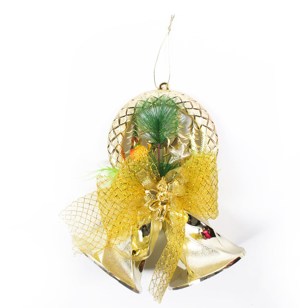 Christmas Hanging Ornaments Bells Wreath With Net Bow Gold 2pc
