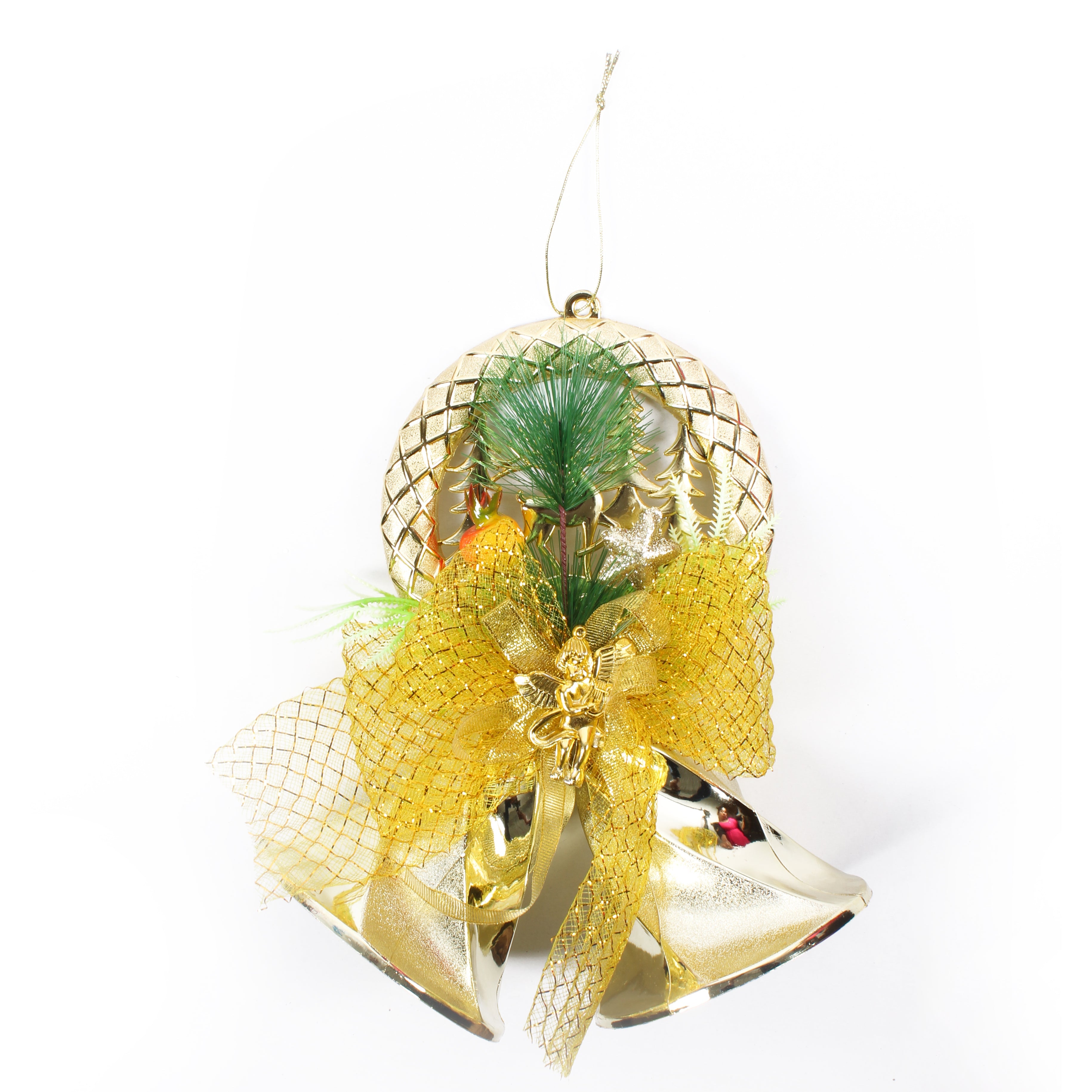 Christmas Hanging Ornaments Bells Wreath With Net Bow Gold 2pc