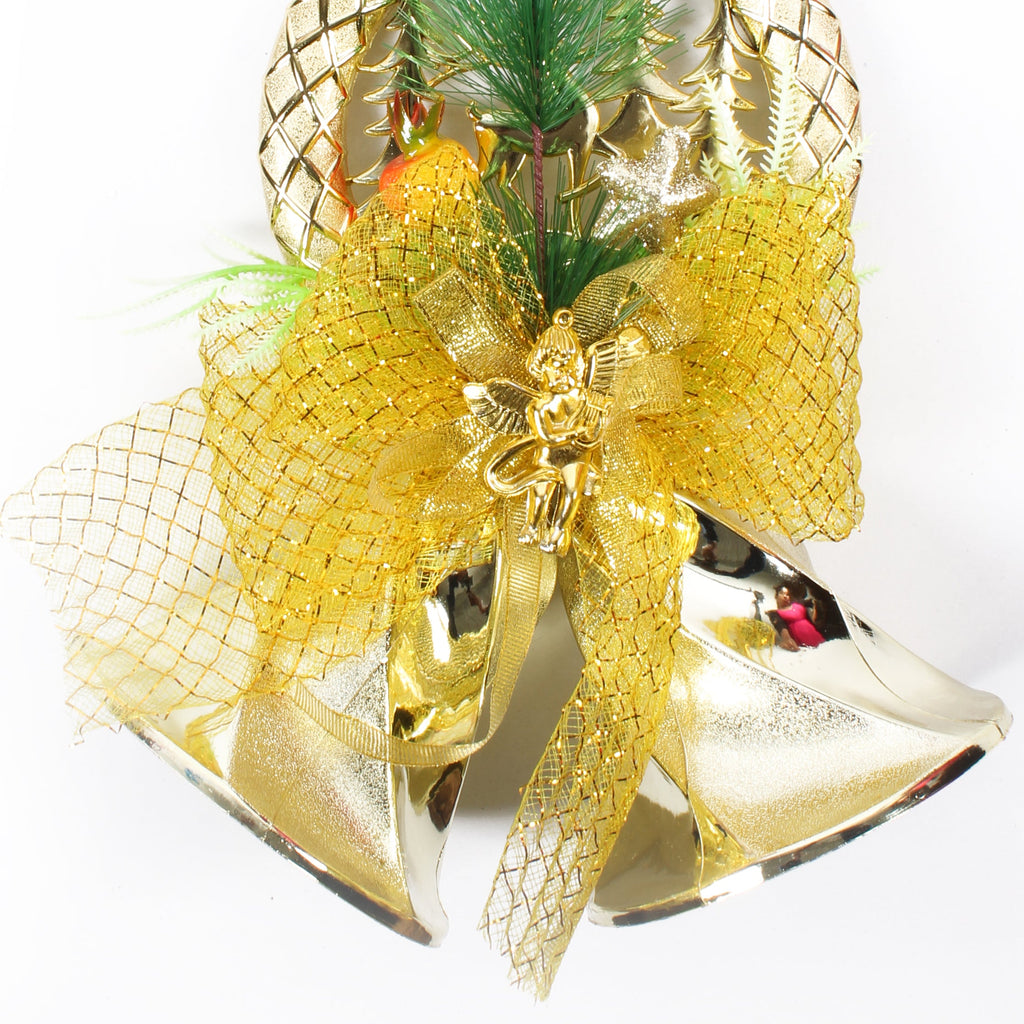 Christmas Hanging Ornaments Bells Wreath With Net Bow Gold 2pc