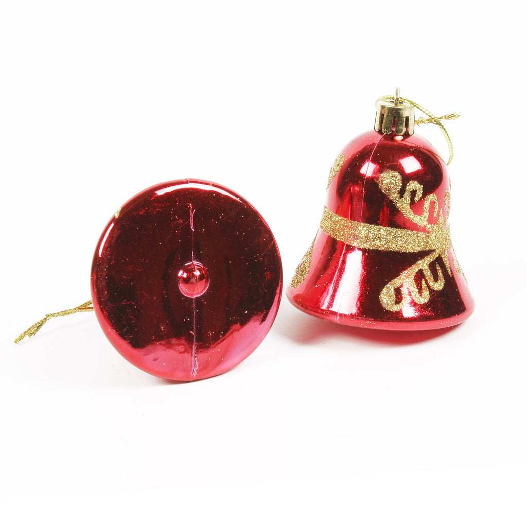 Christmas Tree Hanging Decoration Gold Glitter Printed Bells Red W25 X 7.5 X 5.5cm 6pc Acetate