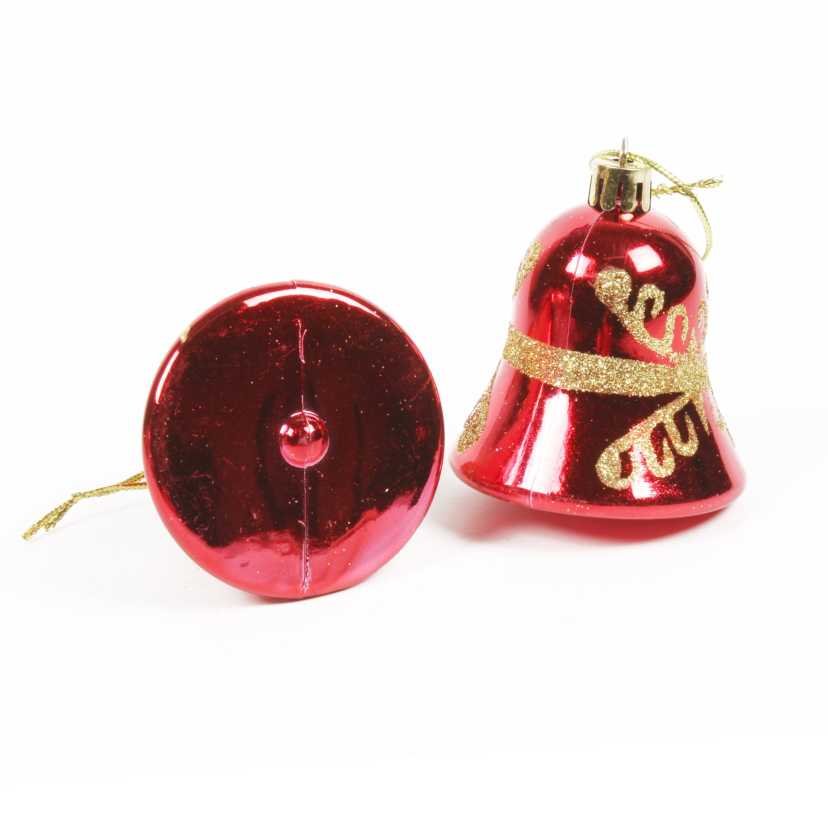 Christmas Tree Hanging Decoration Gold Glitter Printed Bells Red W25 X 7.5 X 5.5cm 6pc Acetate