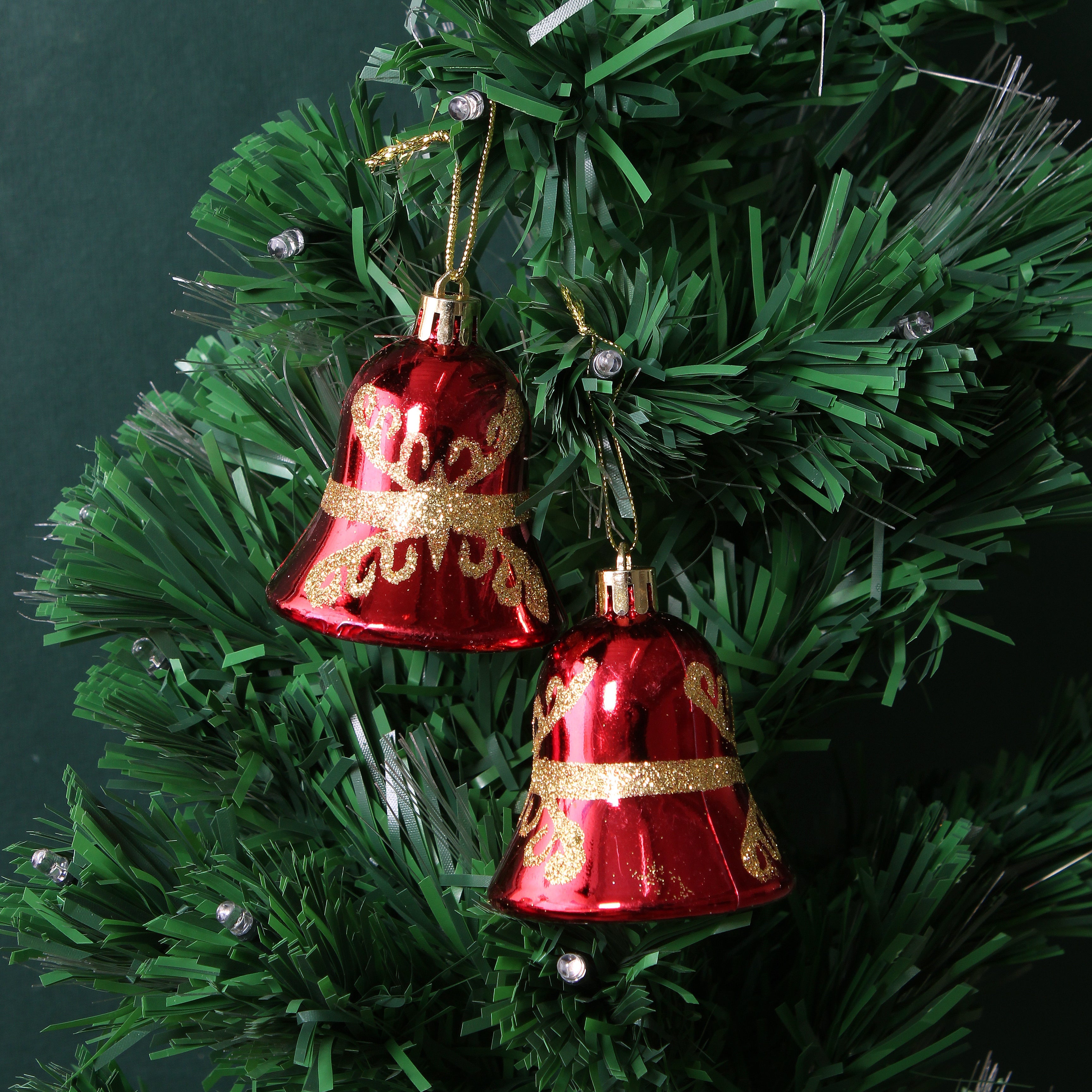 Christmas Tree Hanging Decoration Gold Glitter Printed Bells Red W25 X 7.5 X 5.5cm 6pc Acetate