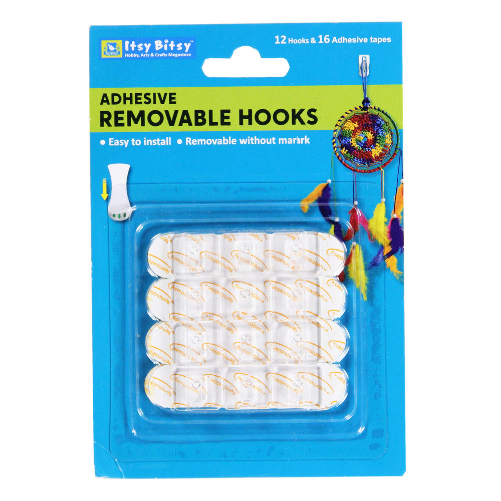 Adhesive Removable Mini Hooks - 12 Clear Hooks & 16 Adhesive Tapes, 1 Pack