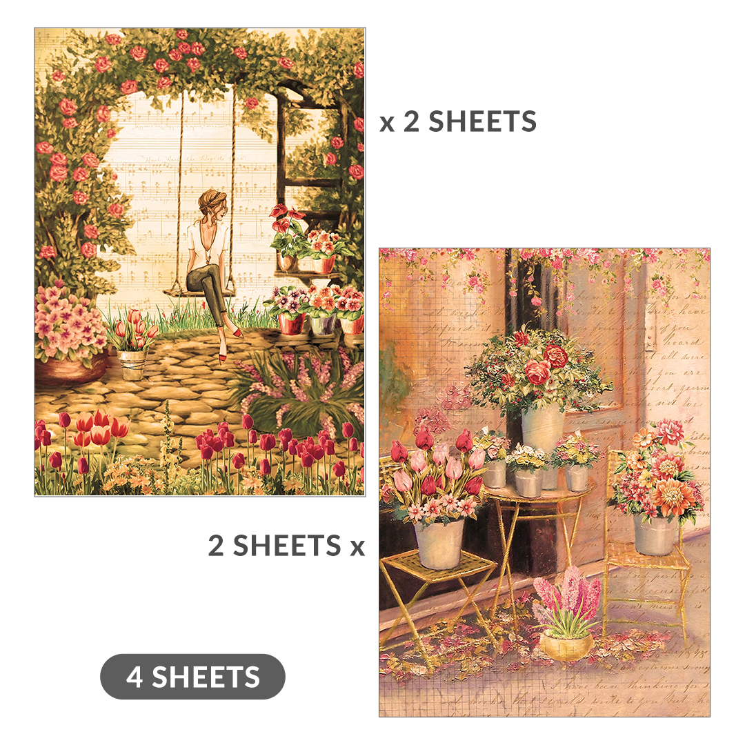 Decoupage Paper Cottage Garden A4 70GSM 2 Designs 4Sheets