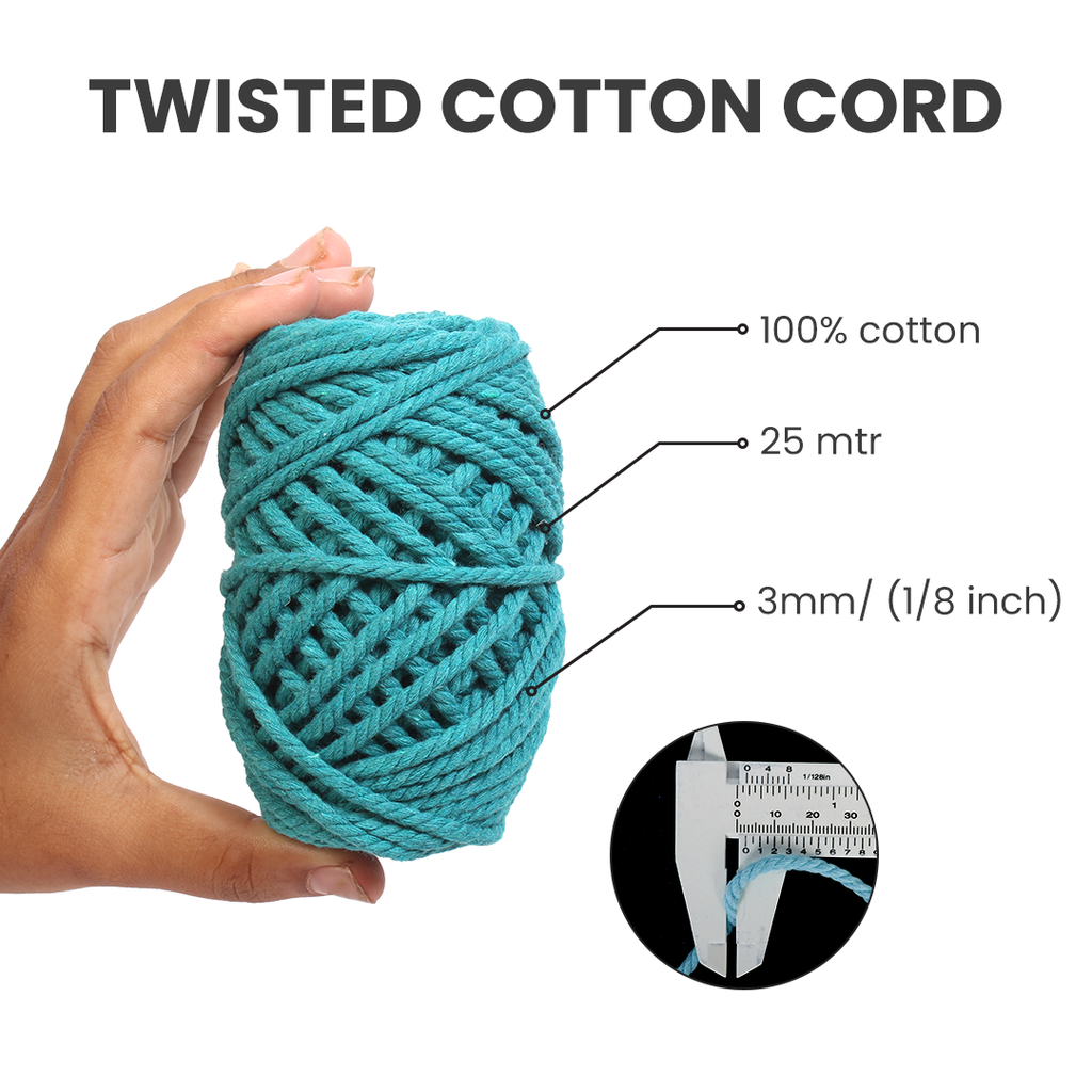 Macrame Cotton Twisted Cord - Teal Green 3mm 3Ply 25Mtr 1Roll