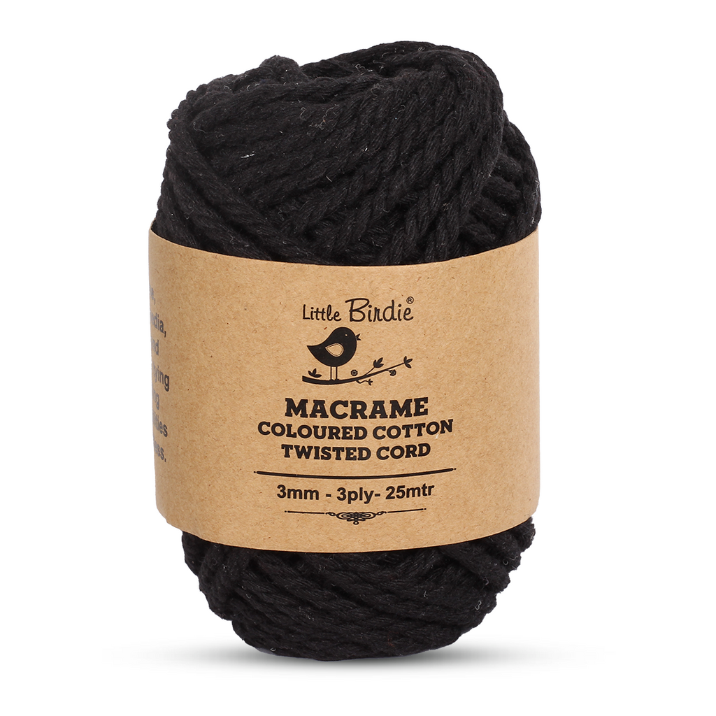 Macrame Cotton Twisted Cord - Black 3mm 3Ply 25Mtr 1Roll