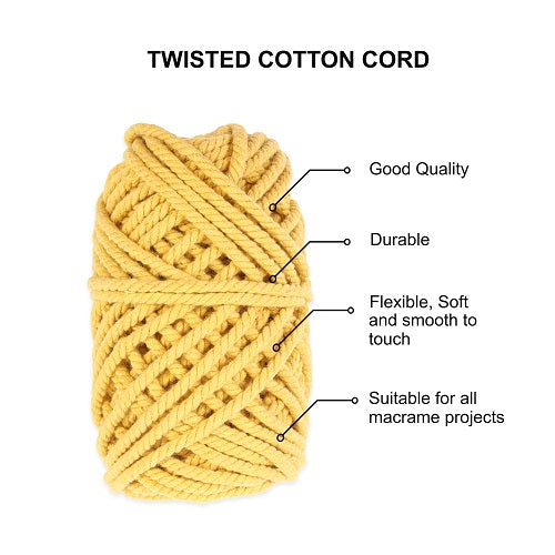Macrame Cotton Twisted Cord - Sun Flower Yellow 3mm 3Ply 25Mtr 1Roll