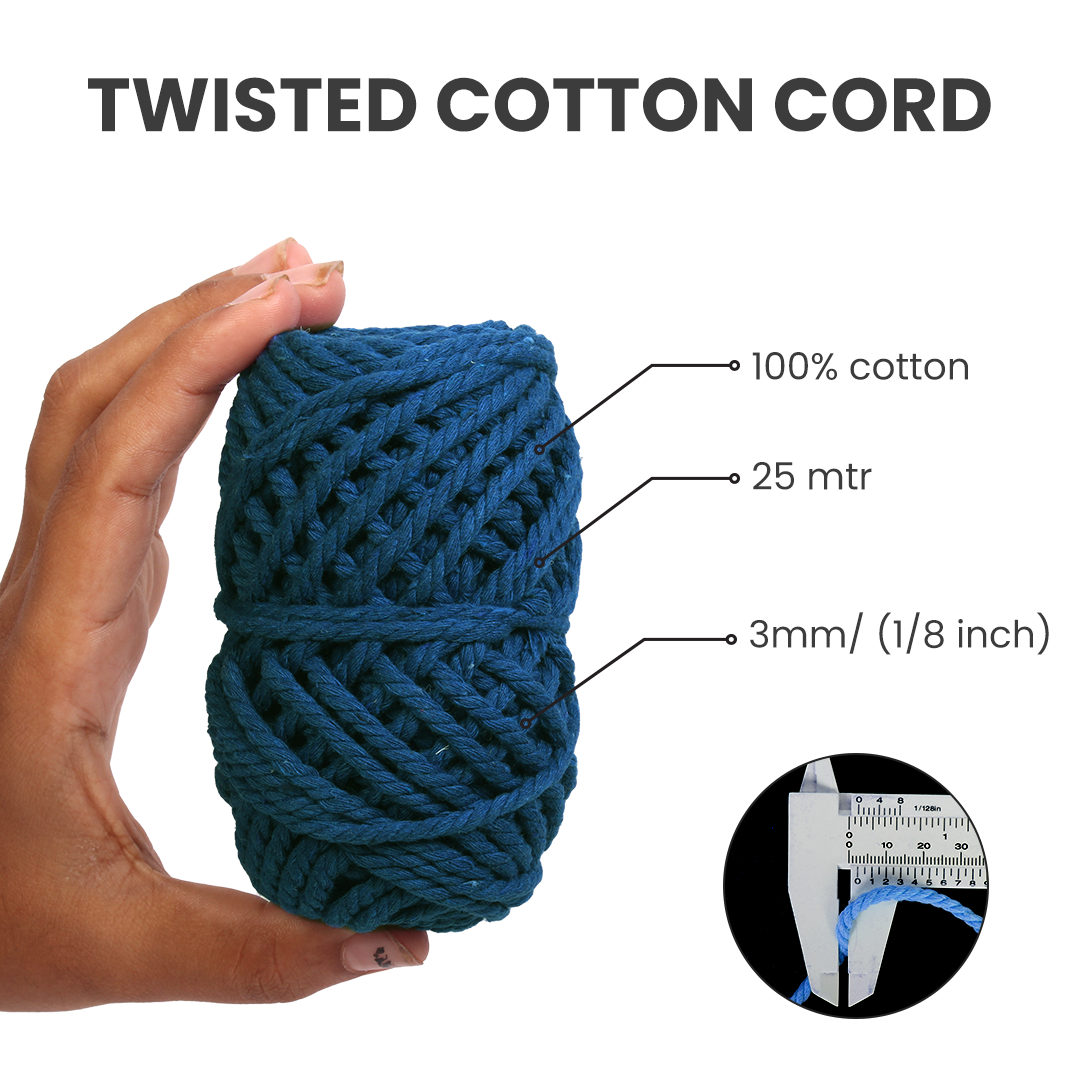Macrame Cotton Twisted Cord - Fushion Blue 3mm 3Ply 25Mtr 1Roll