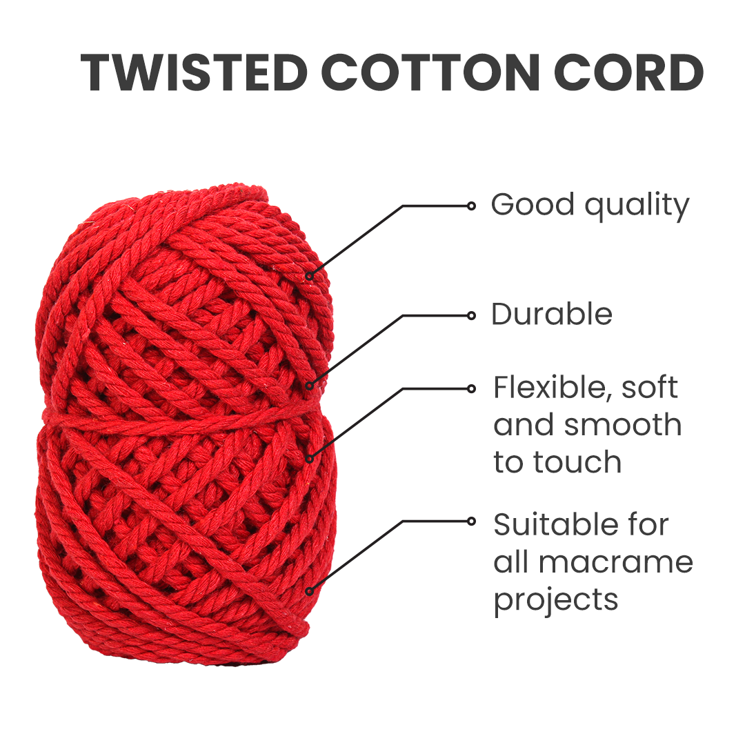 Macrame Cotton Twisted Cord - Red 3mm 3Ply 25Mtr 1Roll