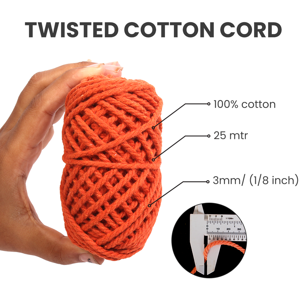 Macrame Cotton Twisted Cord - Tangerine Orange 3mm 3Ply 25Mtr 1Roll