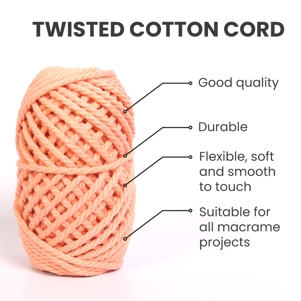 Macrame Cotton Twisted Cord - Peach 3mm 3Ply 25Mtr 1Roll