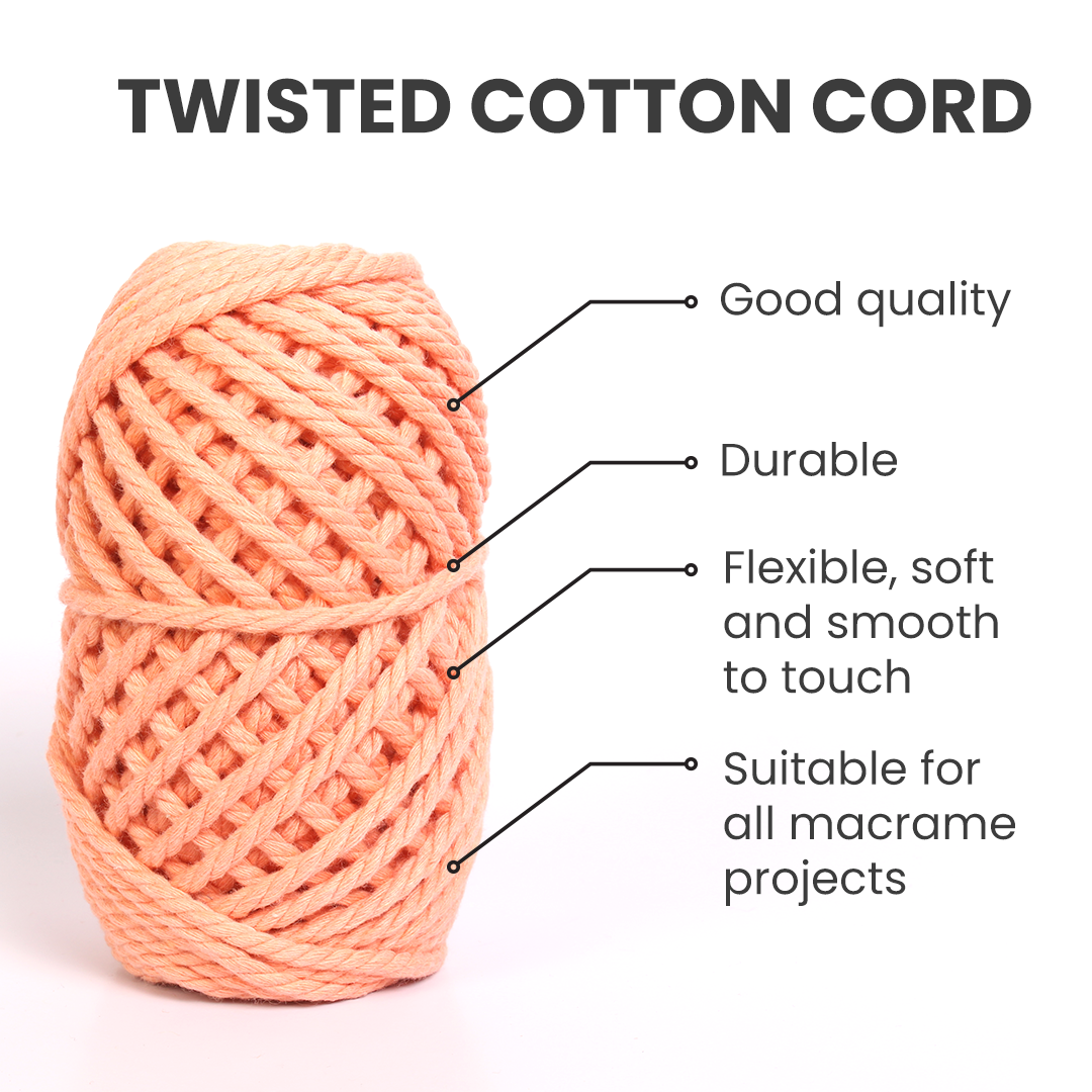 Macrame Cotton Twisted Cord - Peach 3mm 3Ply 25Mtr 1Roll