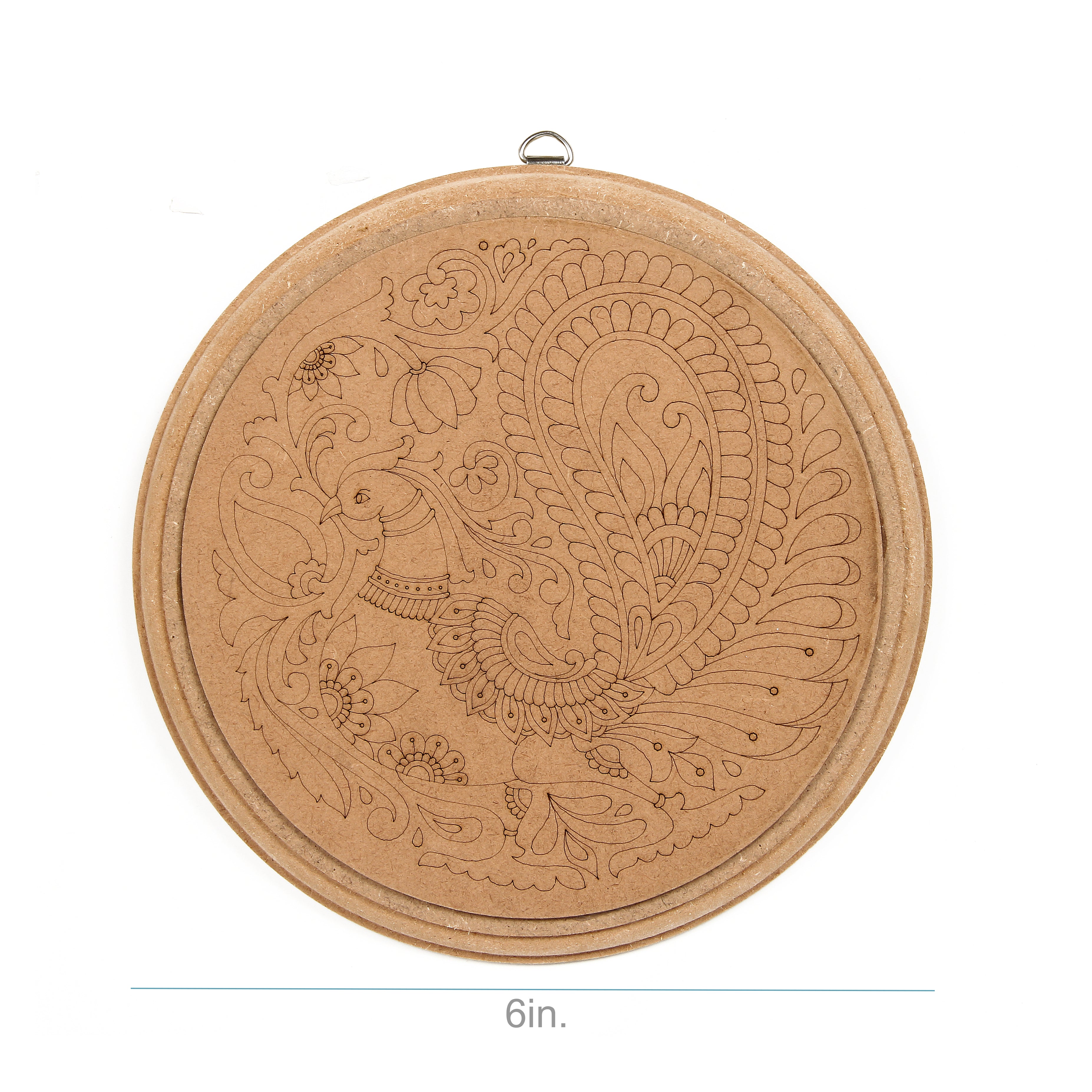 MDF Pre Marked Kalamkari Bird D Ring Hanging Hook 6Inch Dia 1Pc Lb