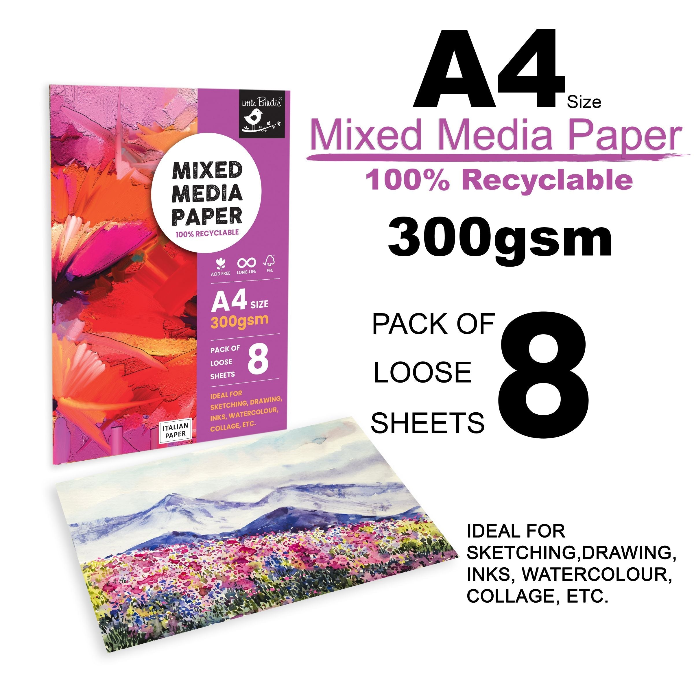Mixed Media Paper A4 Size 250 Gsm Pack Of 8 Sheets