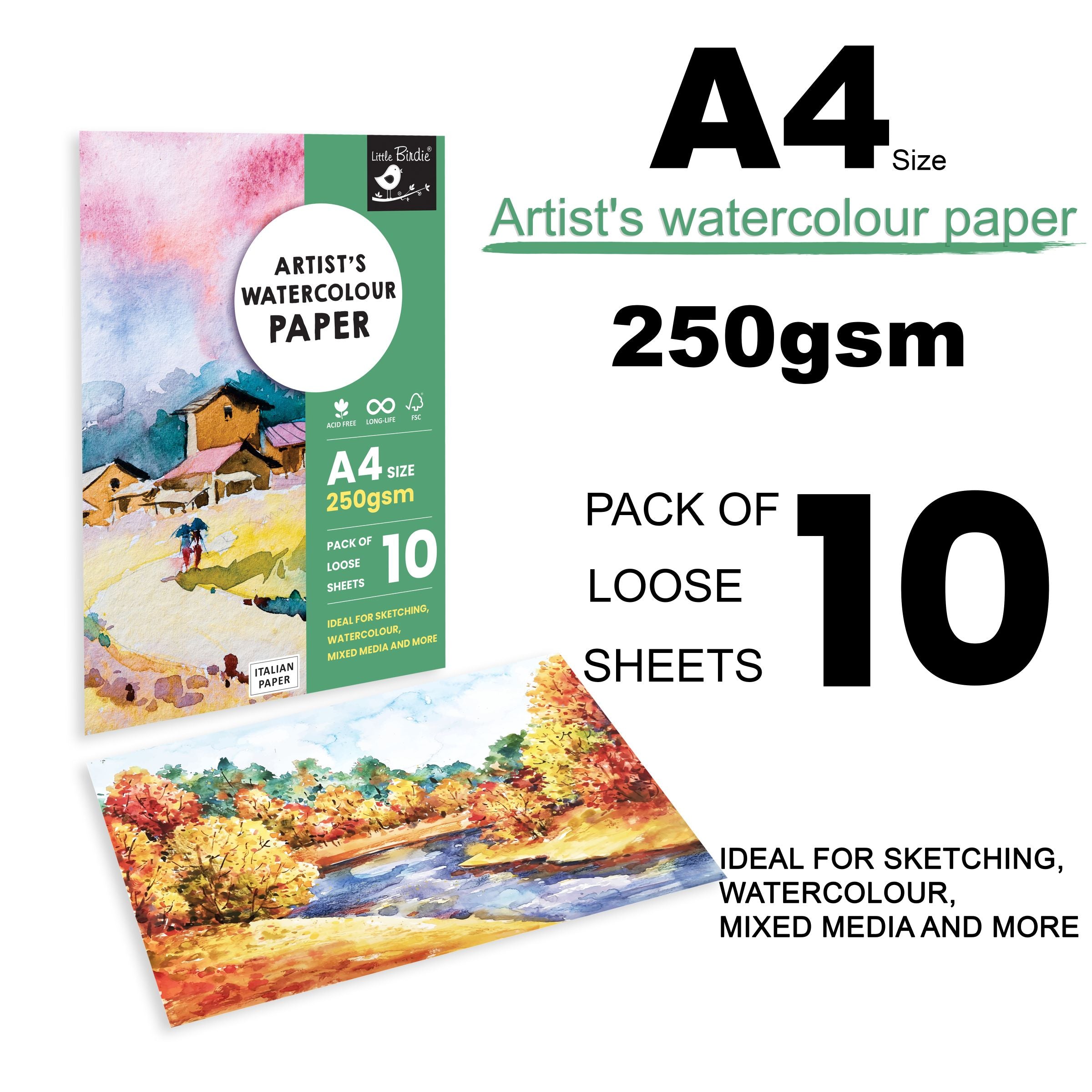 Artist`s Water Colour Paper A4 Size 250 Gsm Pack Of 10 Sheets