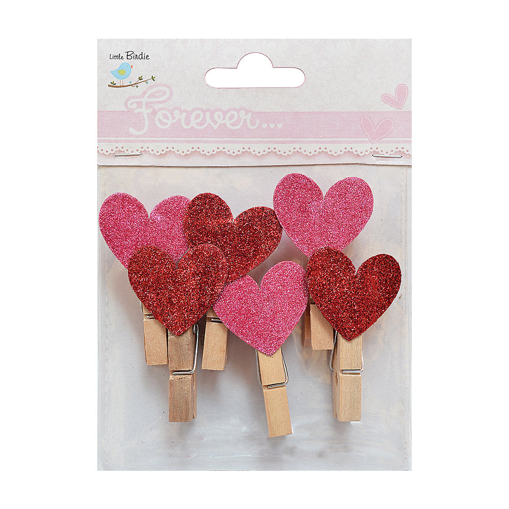 Little Birdie Dazzle Heart Pegs, 6Pc