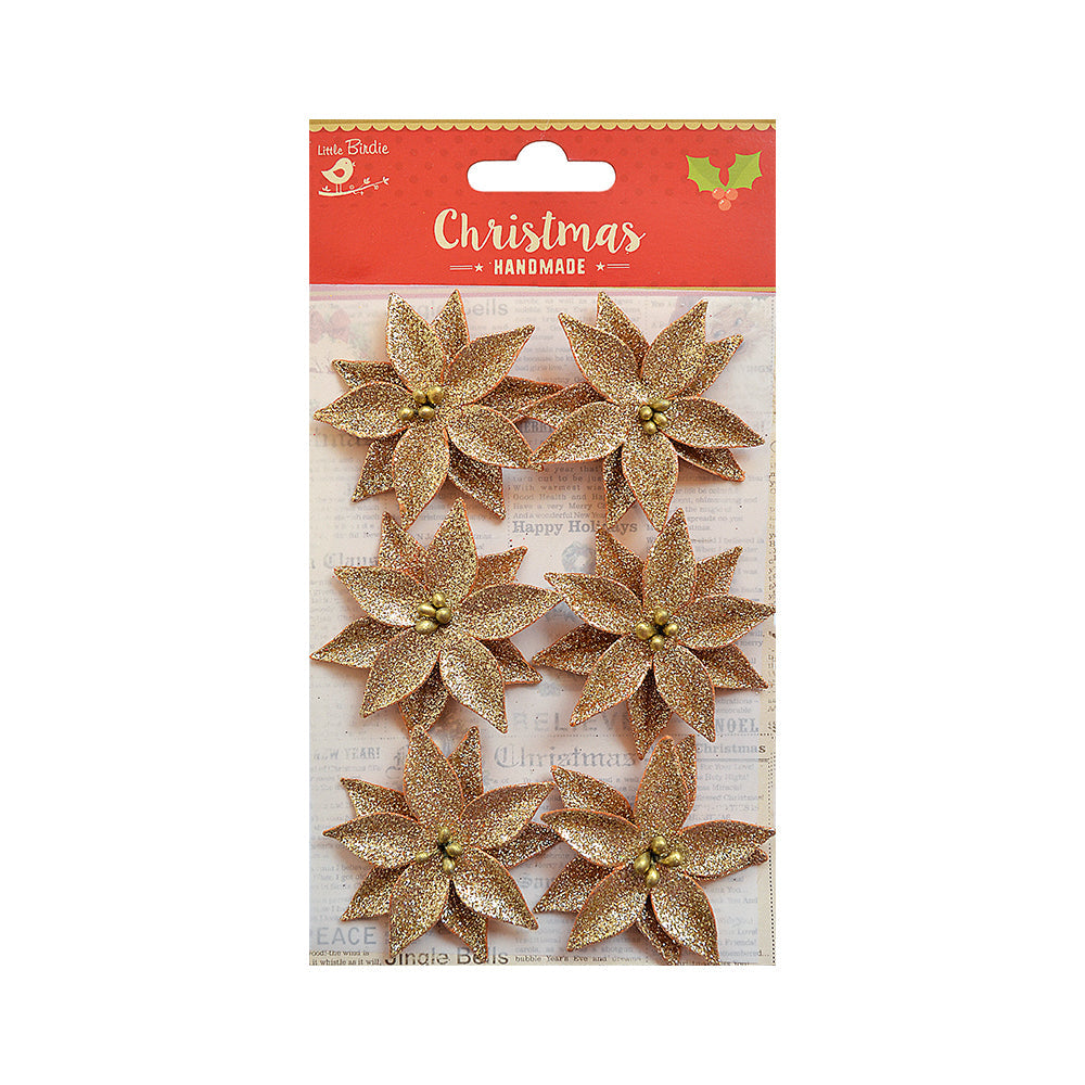 Little Birdie Handmade Flower Christmas Pretty Poinsettia - Gold Glitter, 6pc