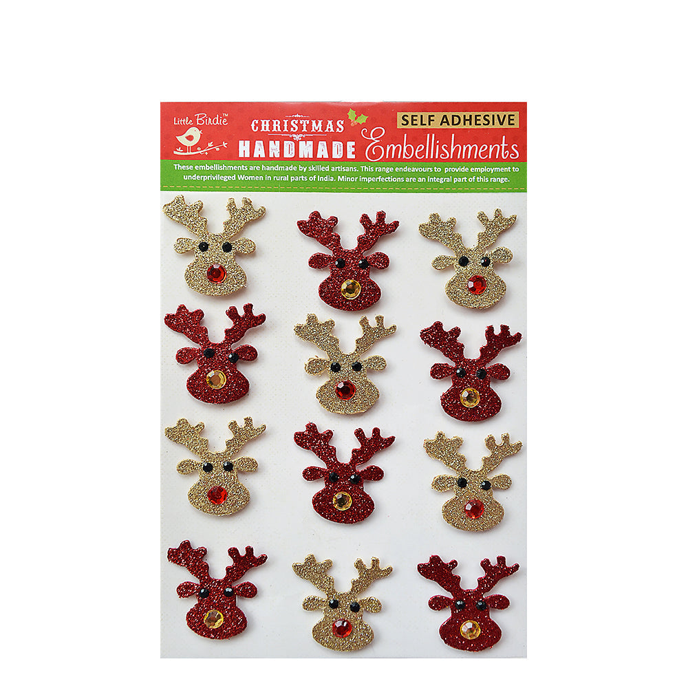 Little Birdie Christmas Stickers - 3D Mini Glitter Reindeer, Gold and Red, 12 pc