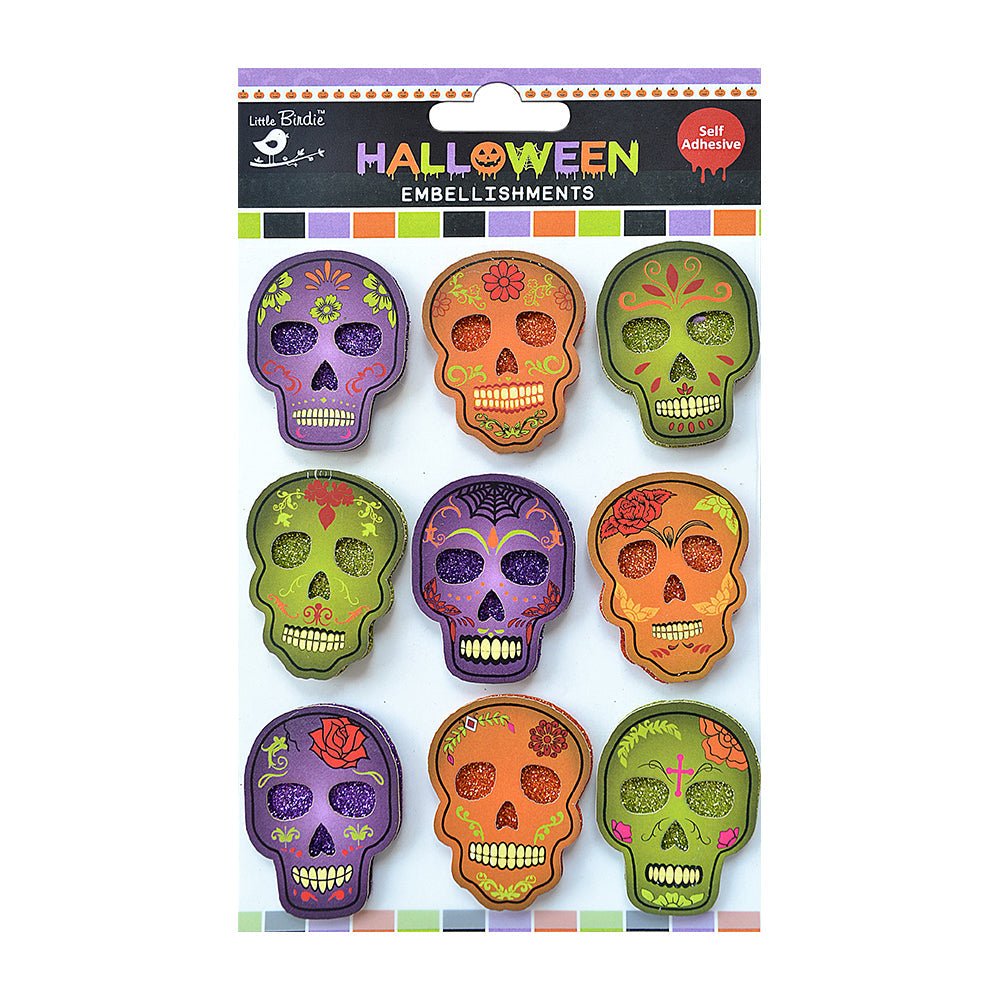 Little Birdie Halloween Sparkling Decorated Skull - 9pc