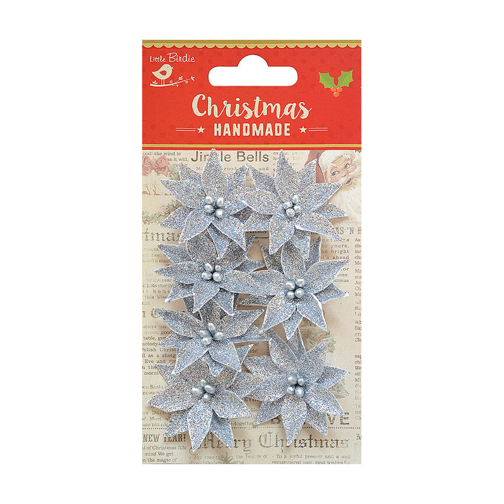 Little Birdie Handmade Flower Christmas Glitter Poinsettia - Silver, 7pc