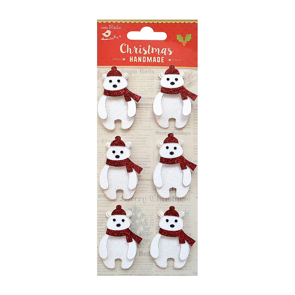 Little Birdie Christmas Stickers - Glitter Polar Bear, 6pc