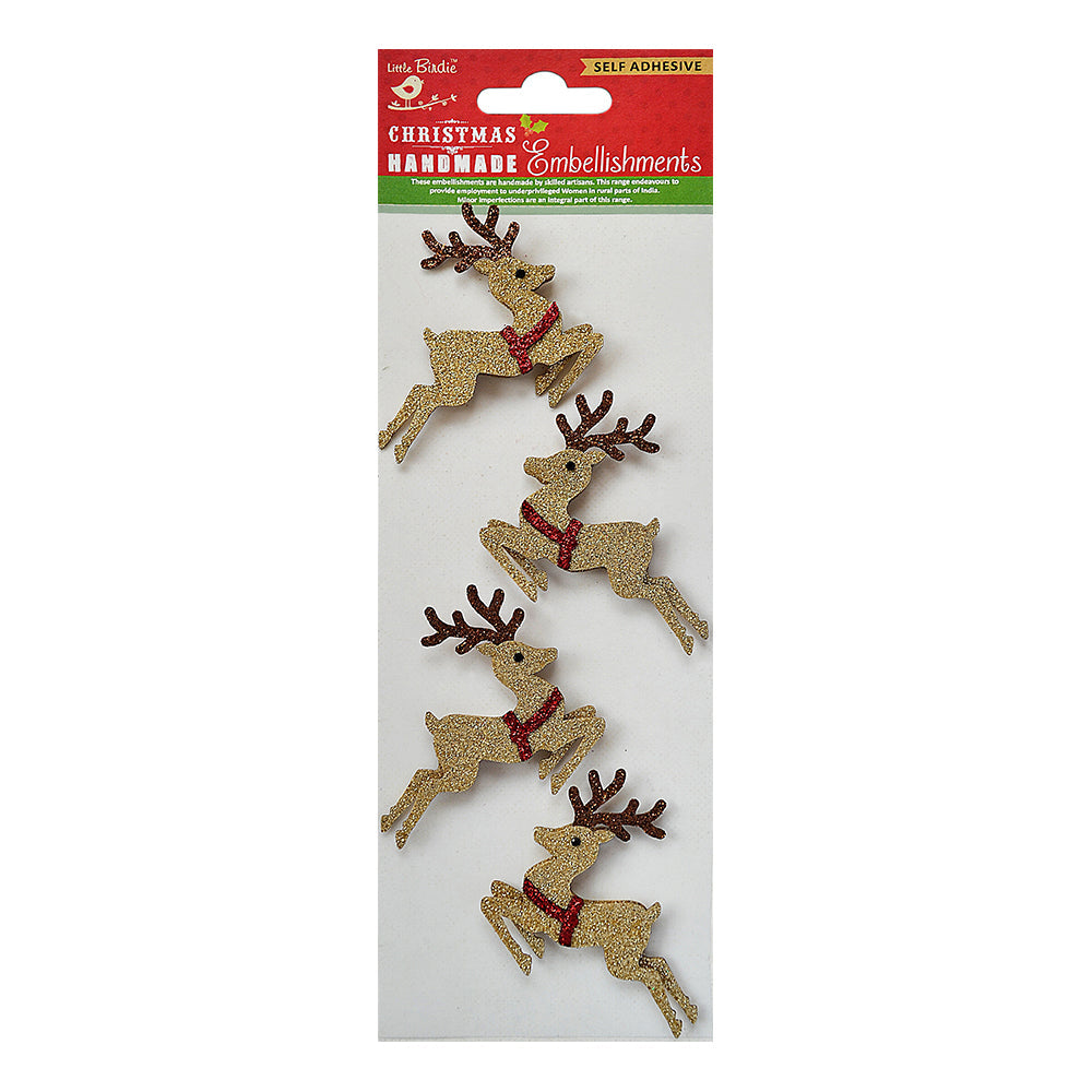 Little Birdie Christmas Stickers - Glitter Reindeer, 4pc