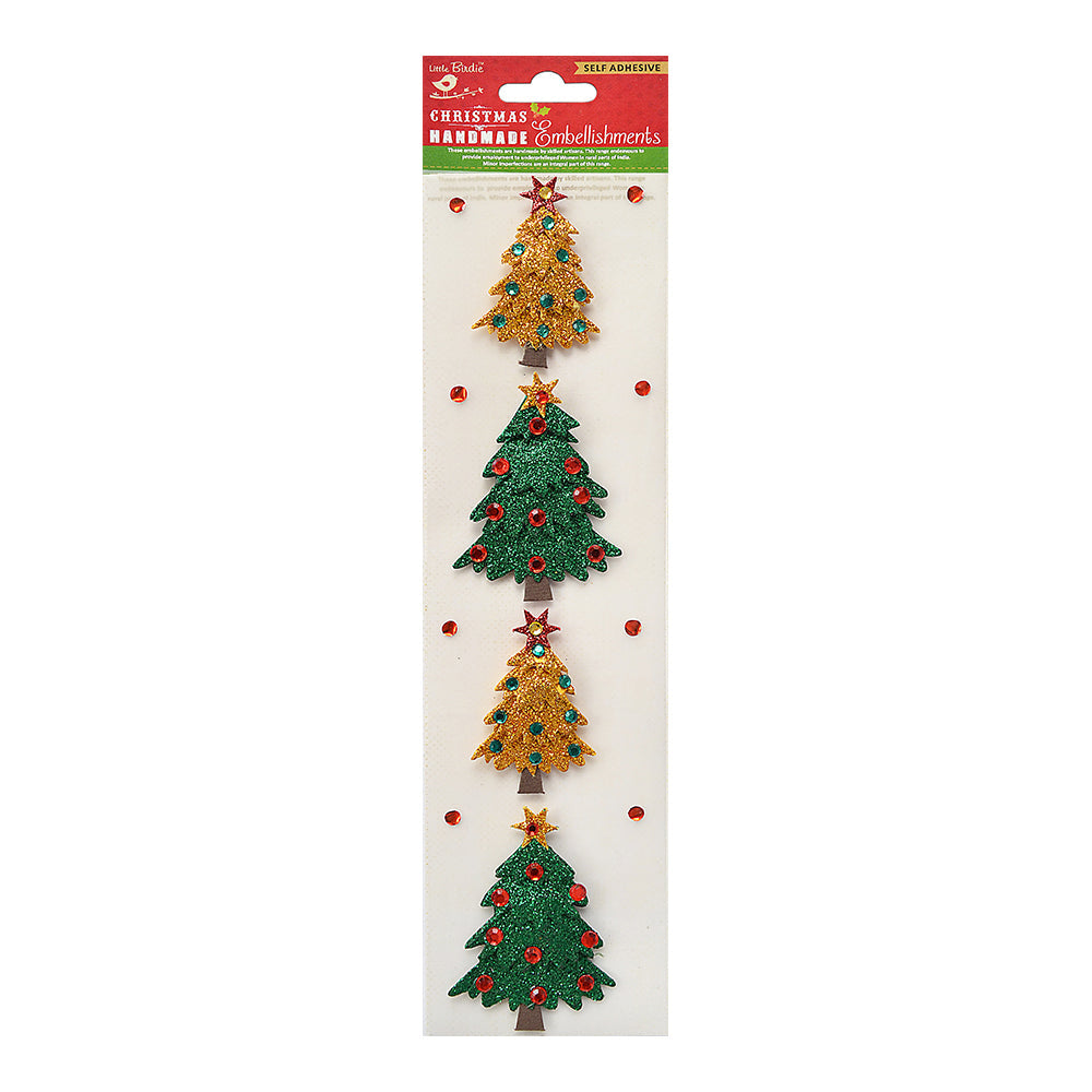 Little Birdie Christmas Stickers - Glitter Tree, 4pc