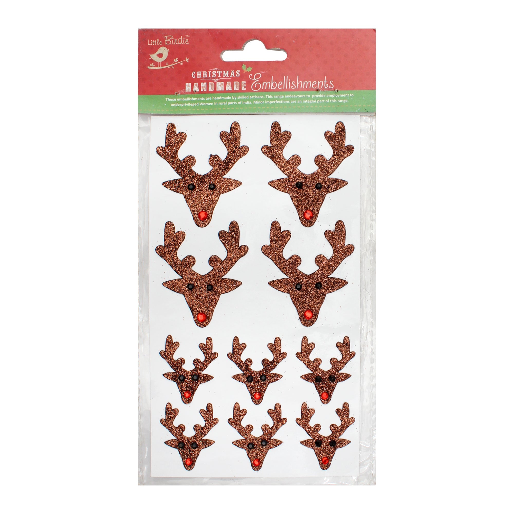 Self Adhesive Glitter Sticker Reindeer Face Brown 10pcs PBCI