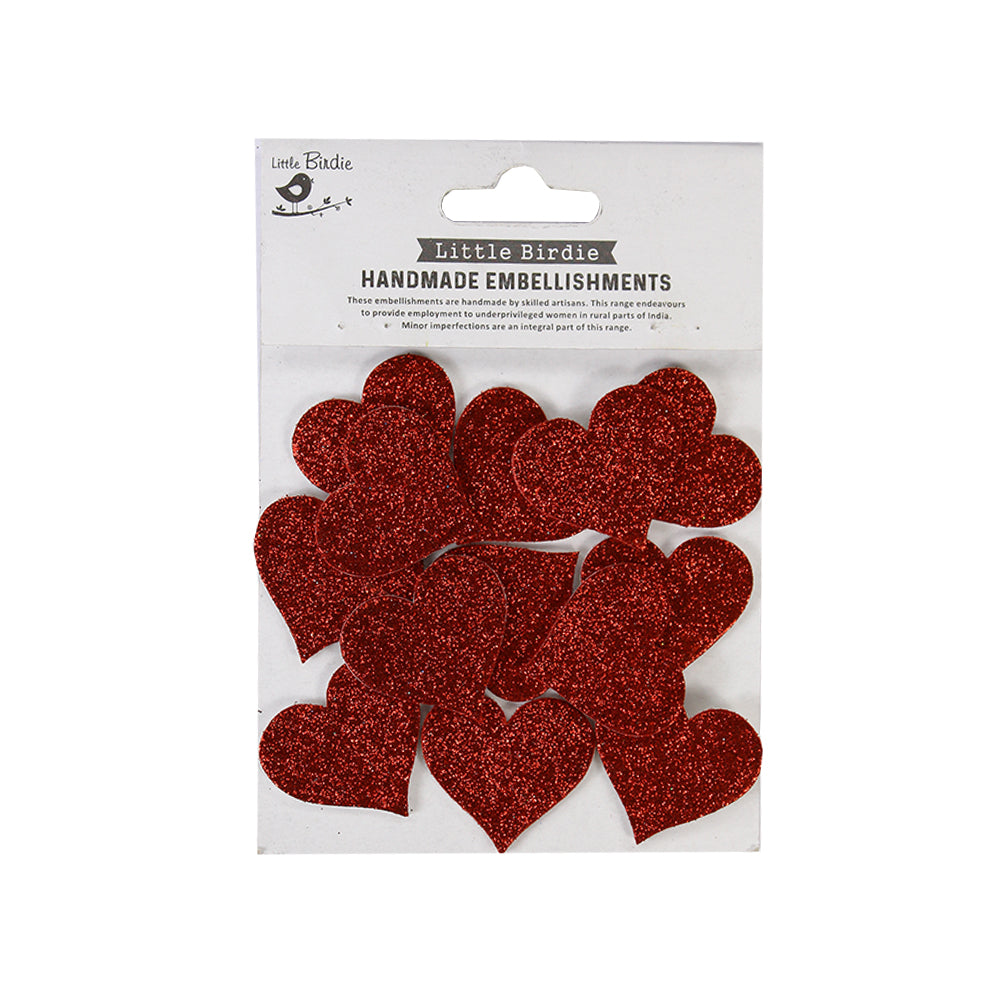 Little Birdie Self-adhesive Glitter Stickers - Scarlet Hearts, 14Pc