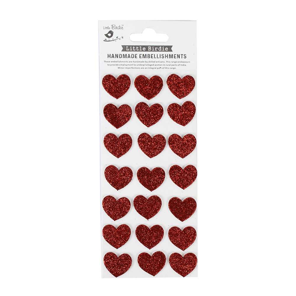 Little Birdie Self-adhesive Glitter Stickers - Ruby Hearts, 21Pc