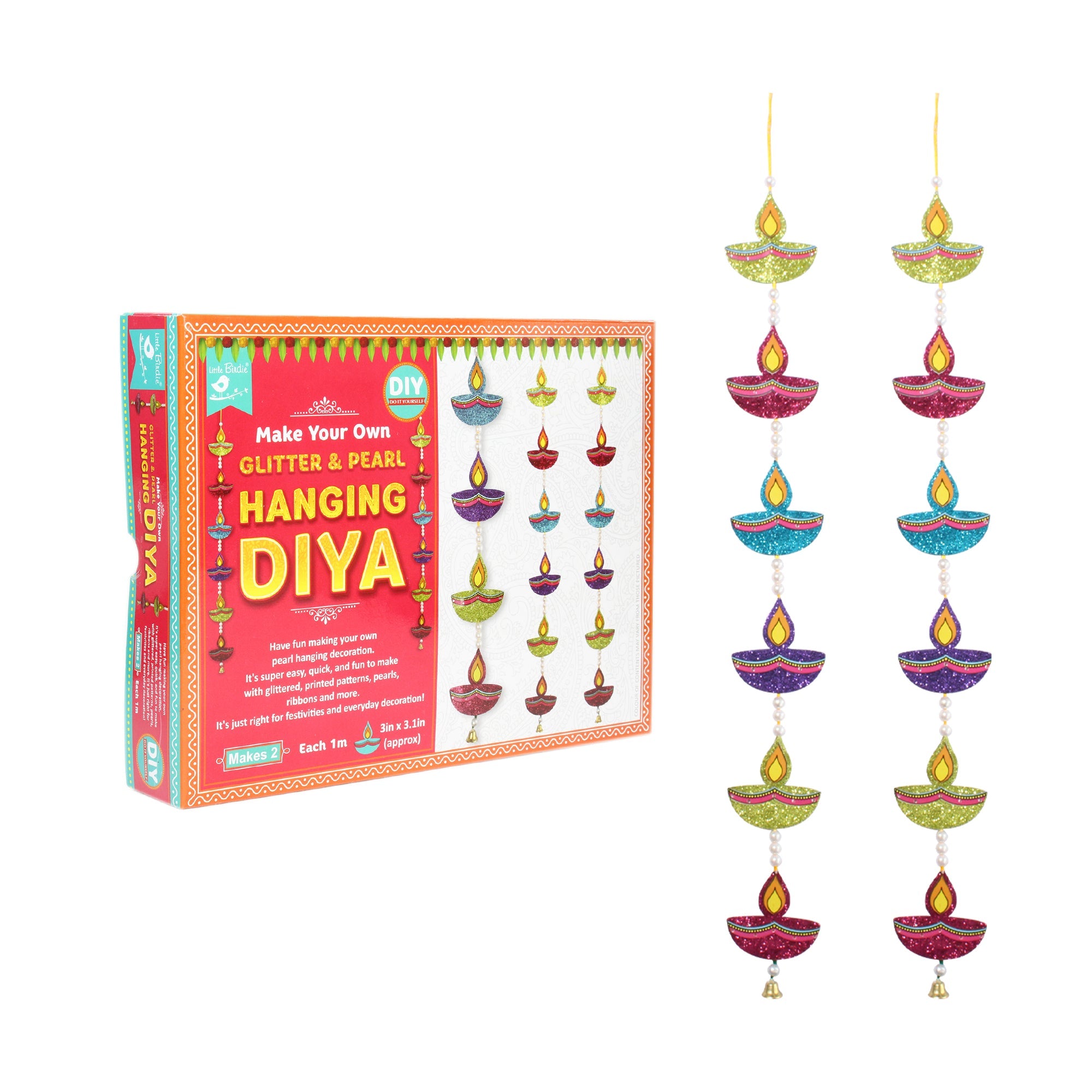 Little Birdie DIY Decoration Kit - Make Your Own Glitter And Pearl Hanging Diya, Makes 2pc