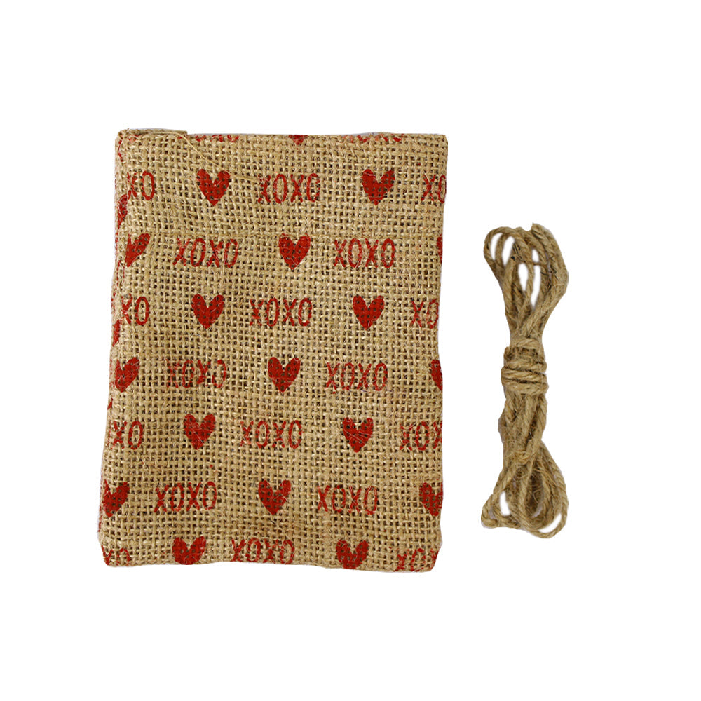 Little Birdie Rustic Chic Burlap Favour Bag Red Hearts With Jute Yarn 1mtr