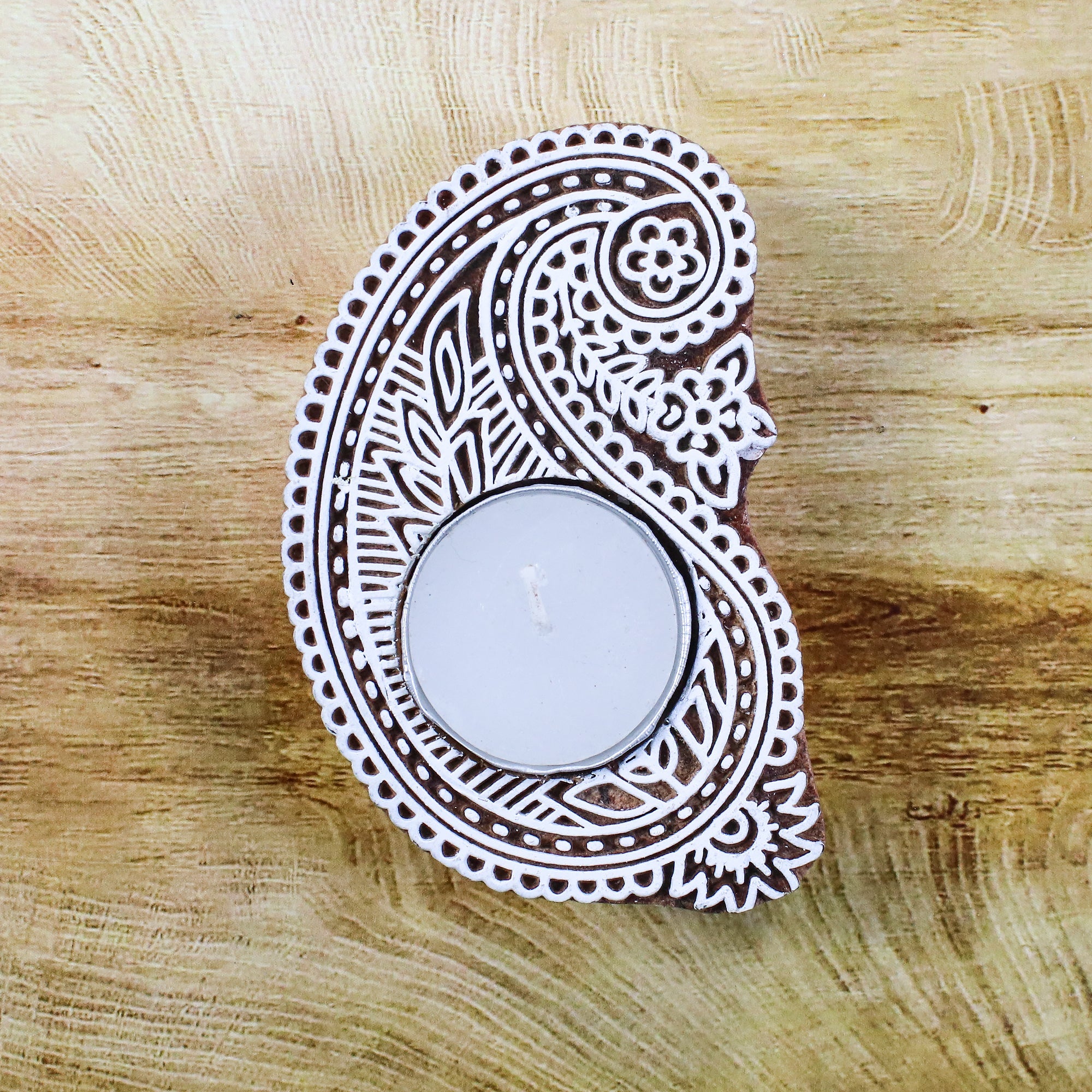 Wooden Printing Block & Candle Holder- Ornate Paisley