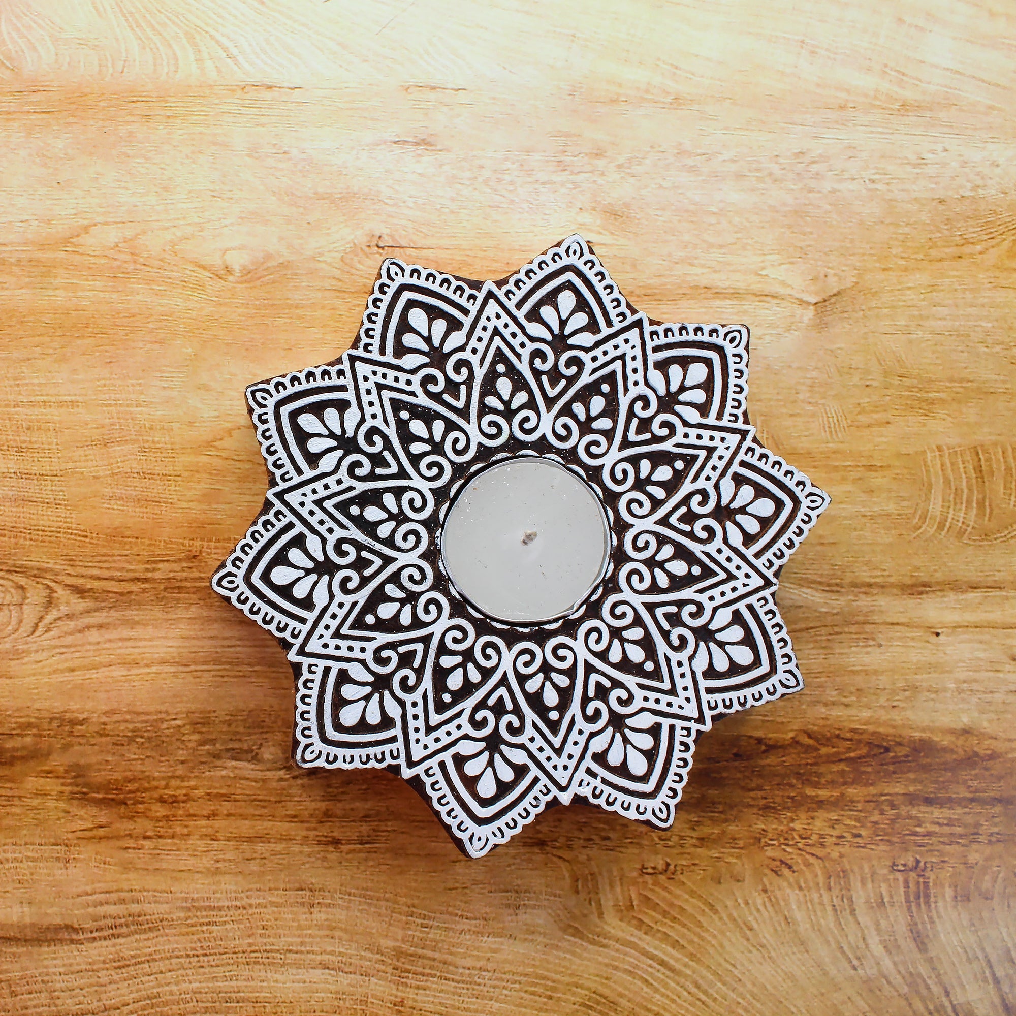 Wooden Printing Block & Candle Holder- Ethnic Bloom