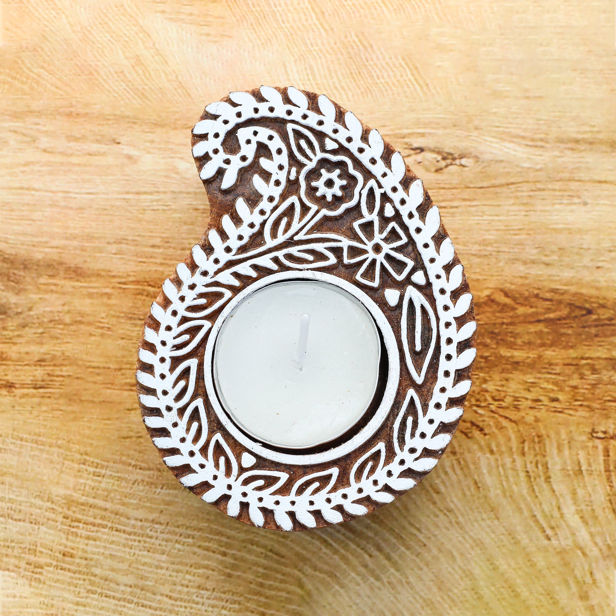 Wooden Printing Block & Candle Holder- Paisley Vine