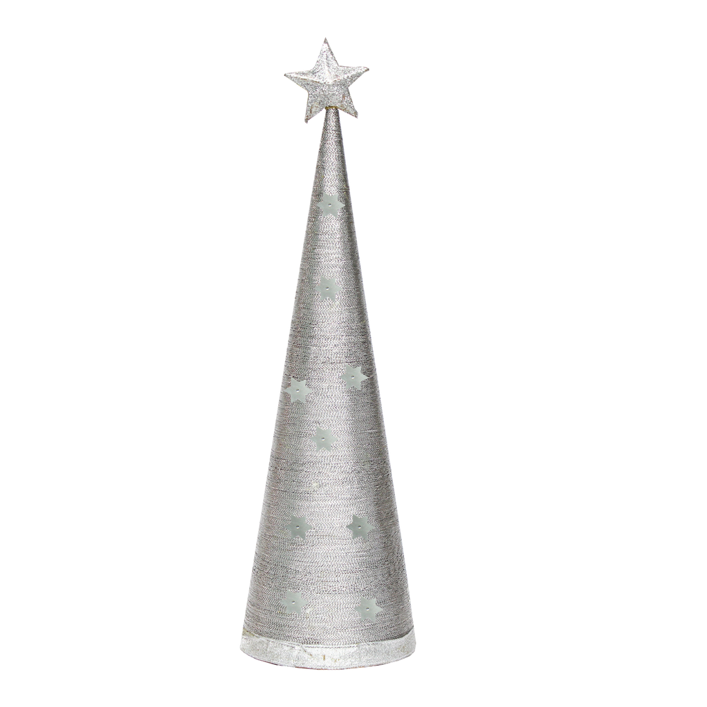 Handmade Conical Christmas Lurex Tree with Sequins and Star - Height 14.5 X Width4inch, Silver, 1pc