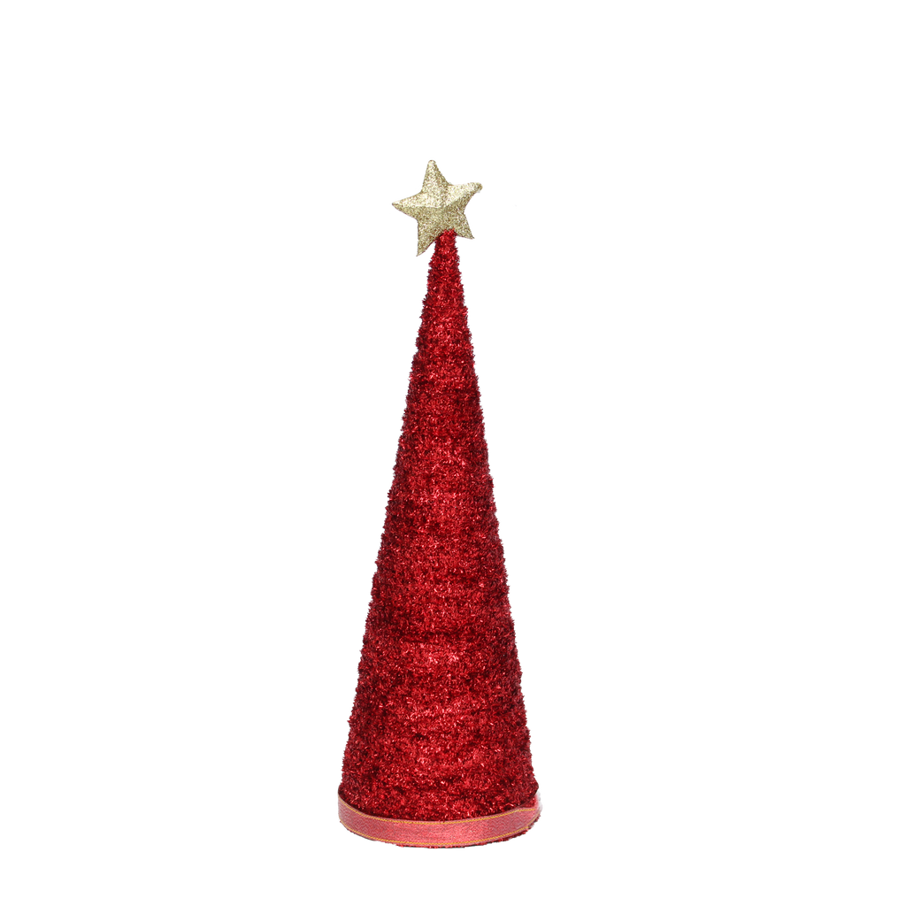 Handmade Conical Christmas Tinsel Tree with Sequins and Star - Height 14.5 X Width4inch, Red, 1pc