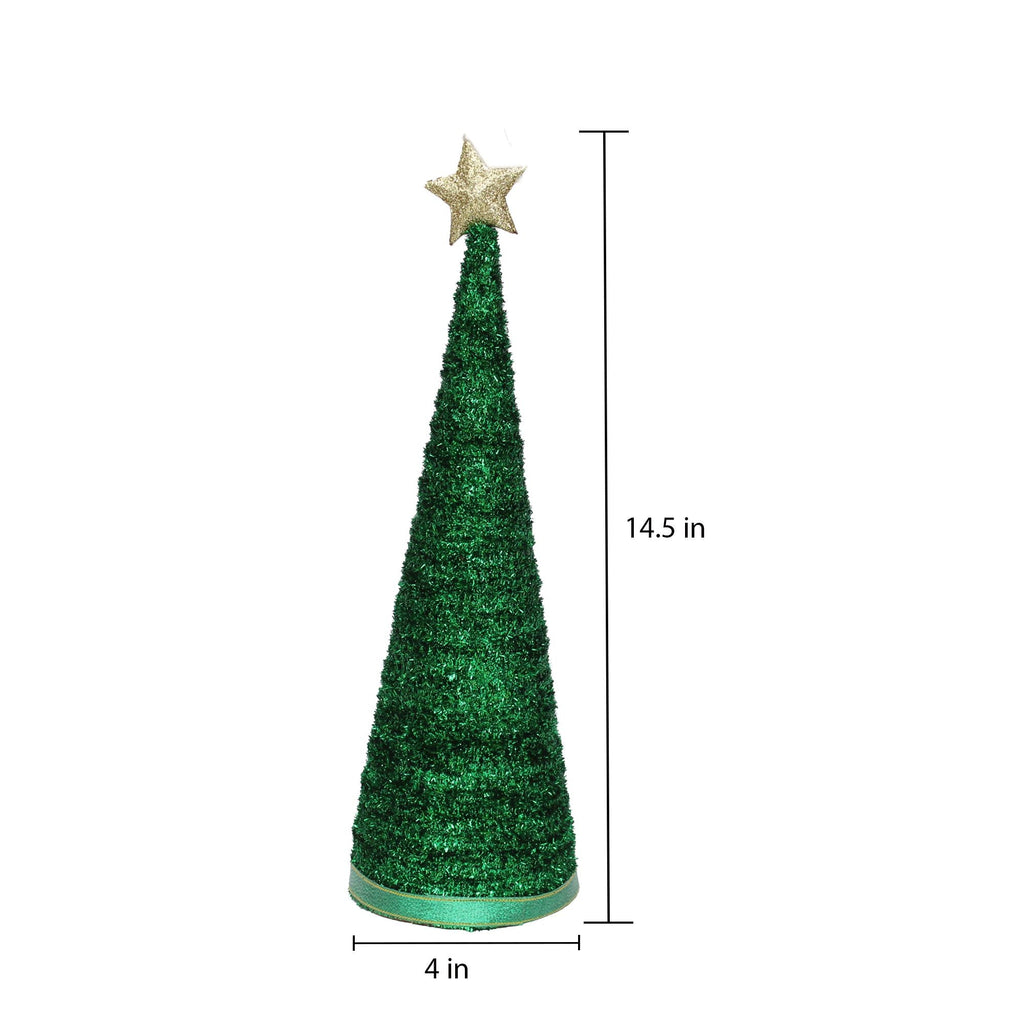 Handmade Conical Christmas Tinsel Tree with Sequins and Star - 14.5 X 4inch, Green, 1pc
