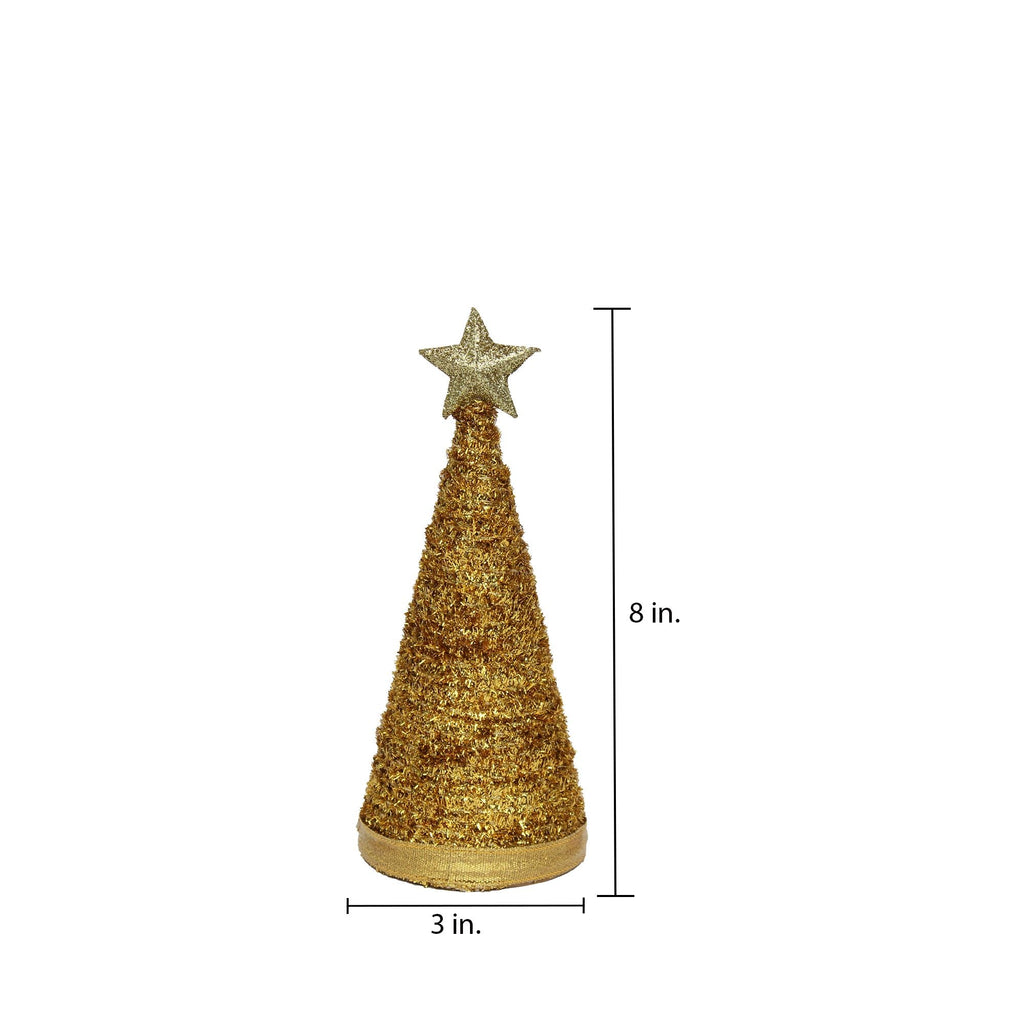 Handmade Conical Christmas Tinsel Tree with Sequins and Star - Height 8 X Width3inch, Gold, 1pc