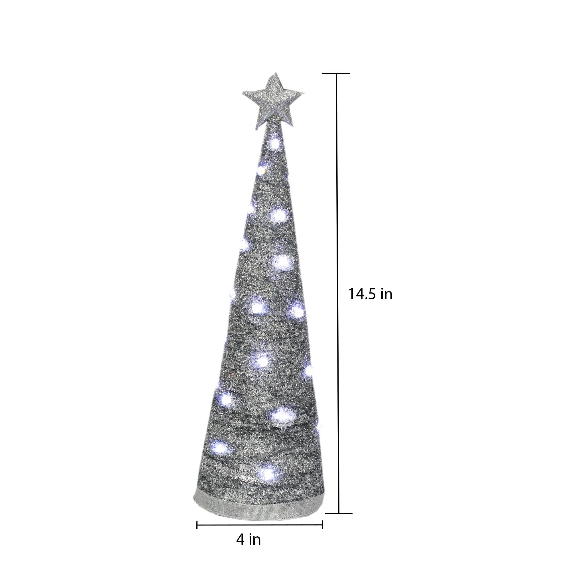 Handmade Conical Christmas Tinsel Tree with LED Light - 14.5 X 4inch, Silver, 1pc