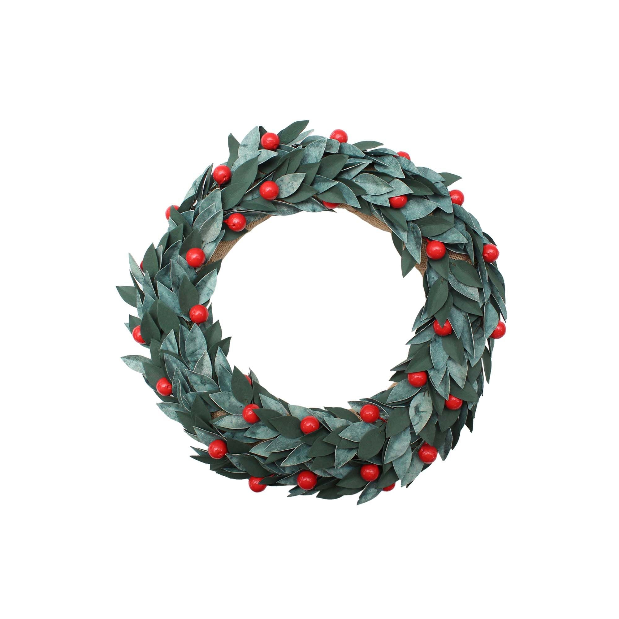 Handmade Christmas Wreath - 12inch, Berries and Leaves, 1pc