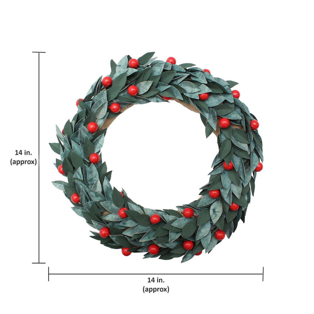 Handmade Christmas Wreath - 14inch, Berries and Leaves, 1pc
