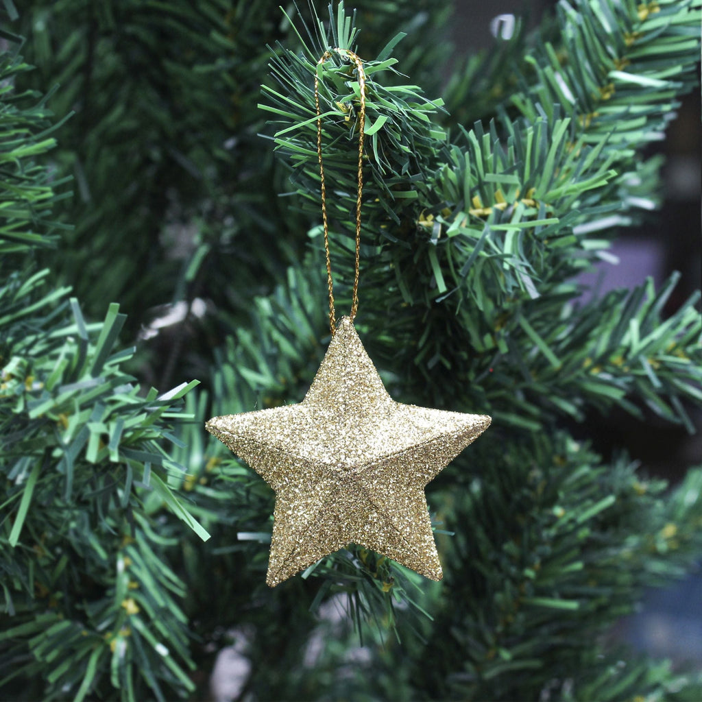 Handmade Christmas Ornaments - 3D Glitter Stars, 2.5inch, Gold, 6pc