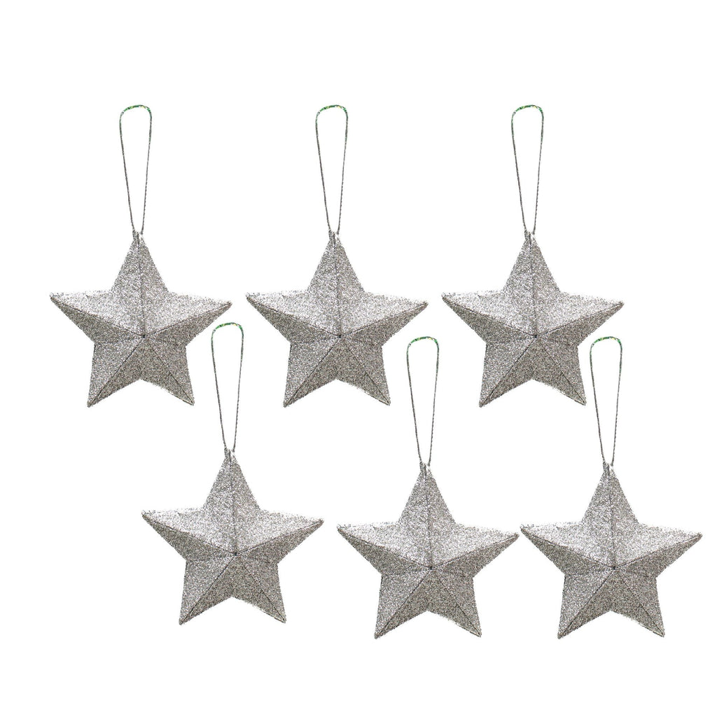 Handmade Christmas Ornaments - 3D Glitter Stars, 2.5inch, Silver, 6pc