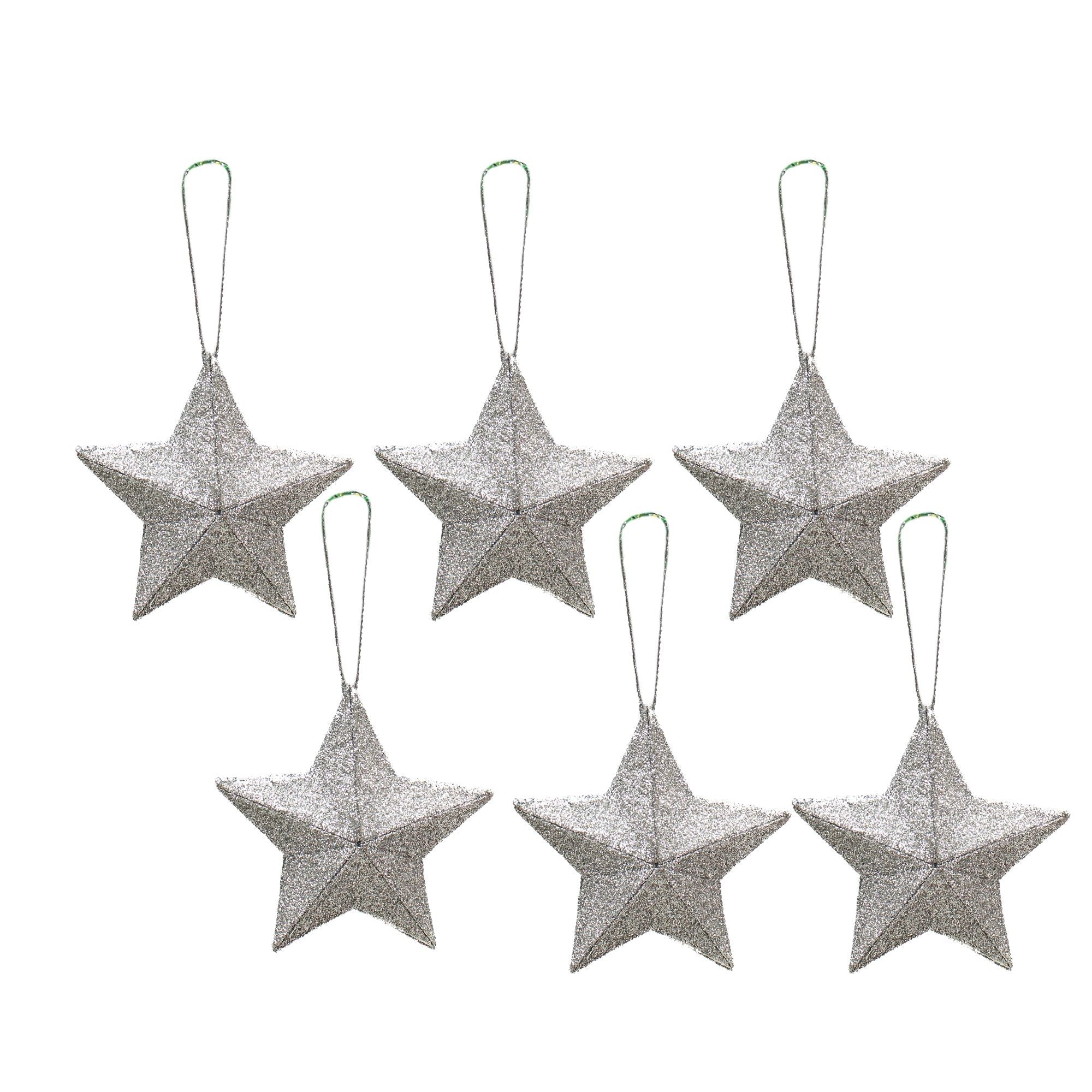 Handmade Christmas Ornaments - 3D Glitter Stars, 2.5inch, Silver, 6pc