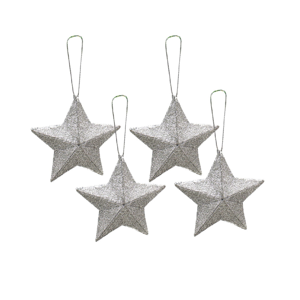 Handmade Christmas Ornaments - 3D Glitter Star, 3.25inch, Silver, 4pc