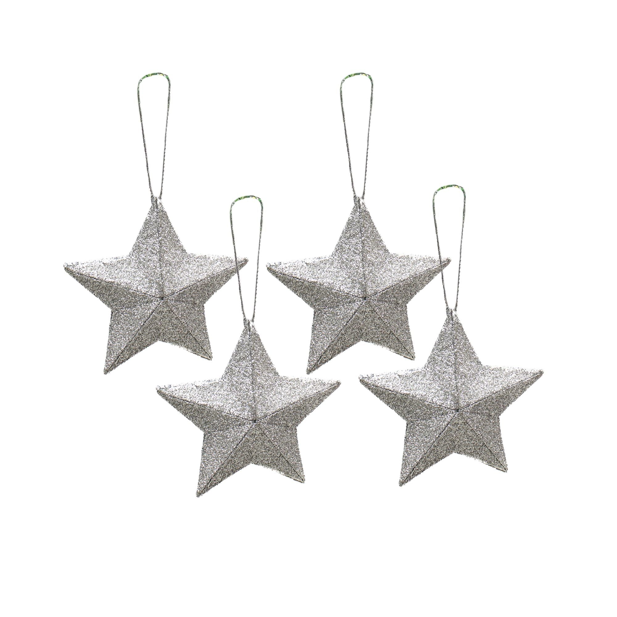 Handmade Christmas Ornaments - 3D Glitter Star, 3.25inch, Silver, 4pc